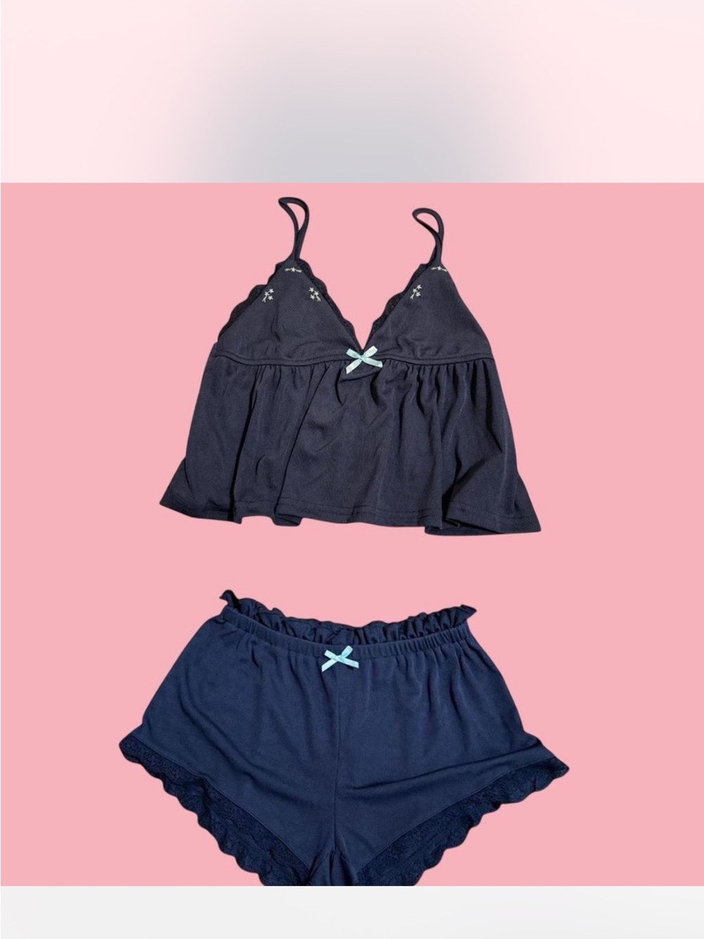 Girls Navy Blue Two-Piece Sleep Set with Bow